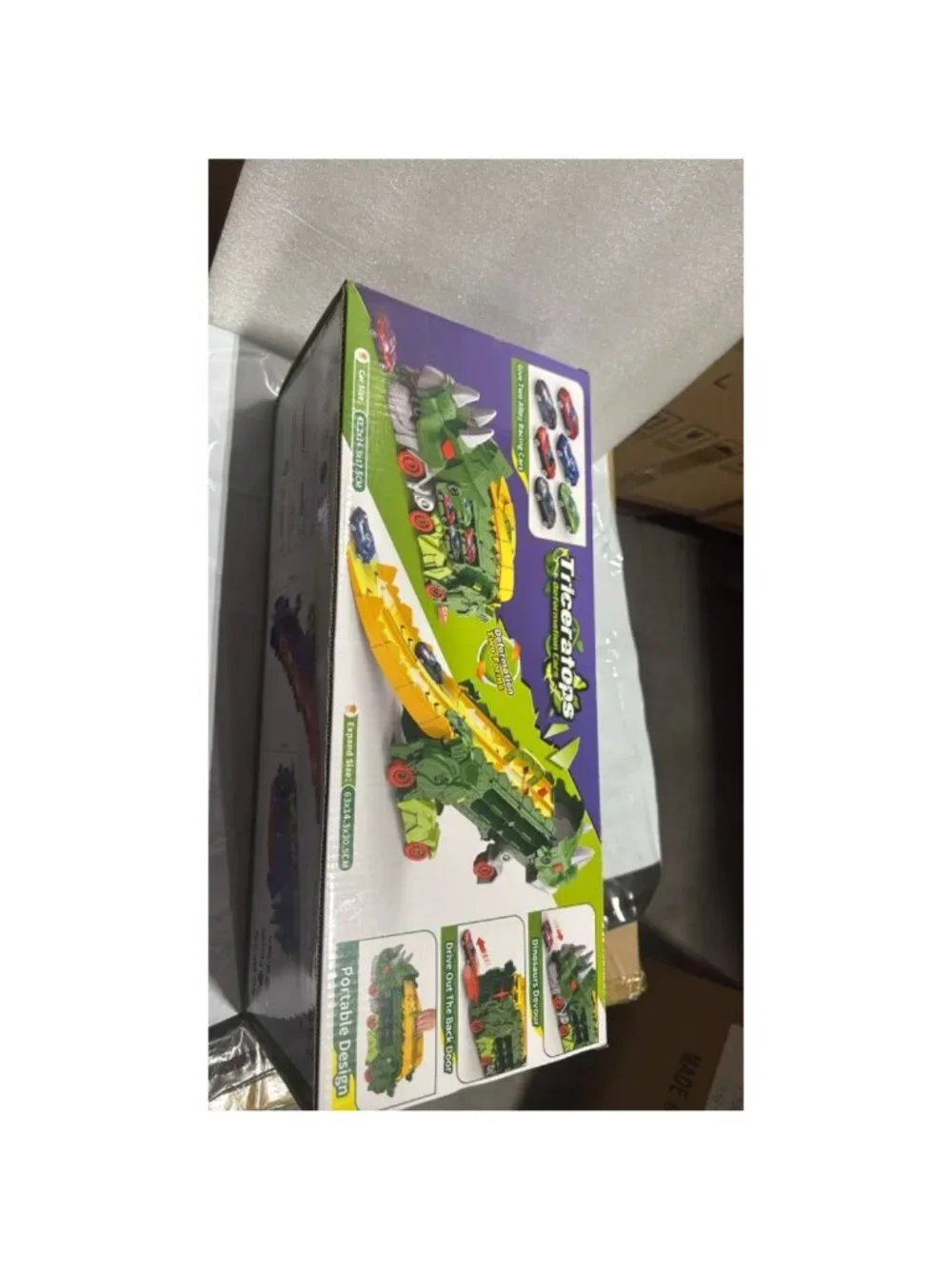 Green Triceratops Dinosaur Transport Truck With Slide Boy Gift Toy Car Display